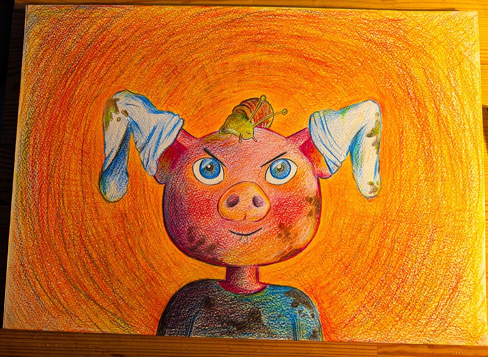 Character design jeunesse — un cochon futé, illustration au pastel