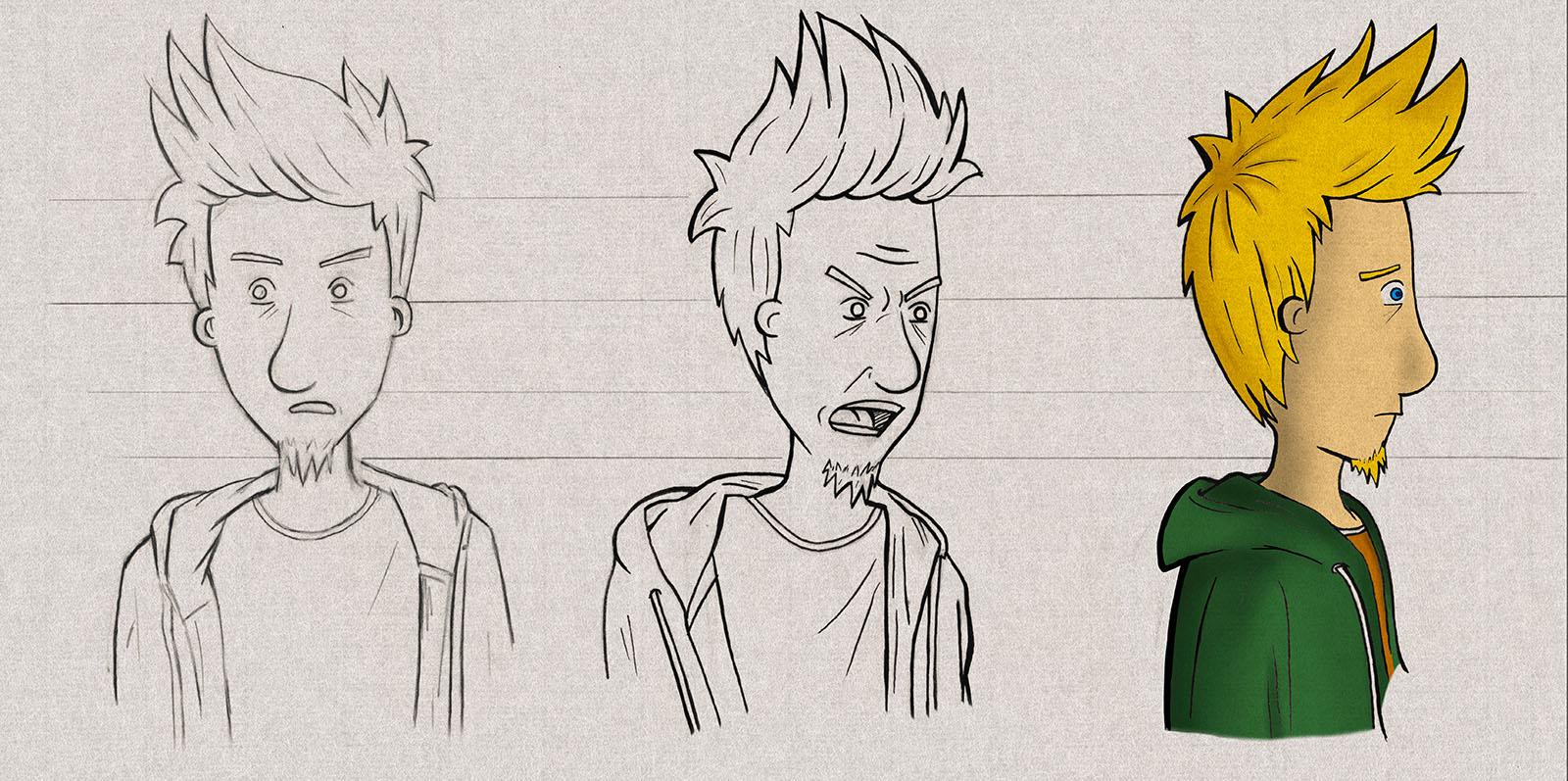 Model sheet — vues de face, profil et trois-quarts d'un personnage (character design)