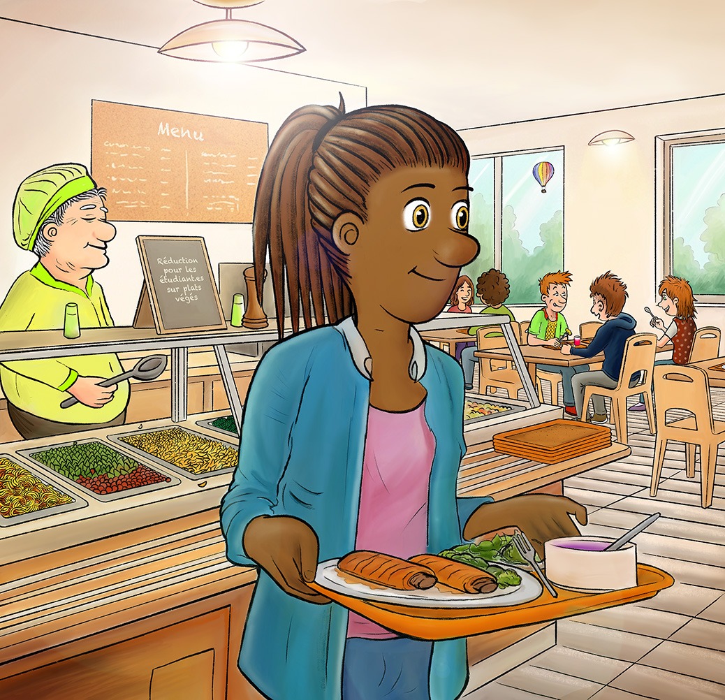 Illustration jeunesse — scène de cantine étudiante, lieu de vie, par Martin Cravatte