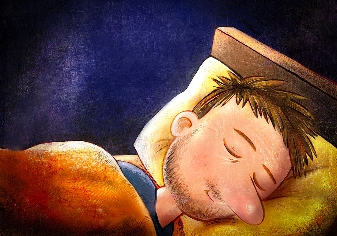 Illustration jeunesse — le papa qui dort, par Martin Cravatte